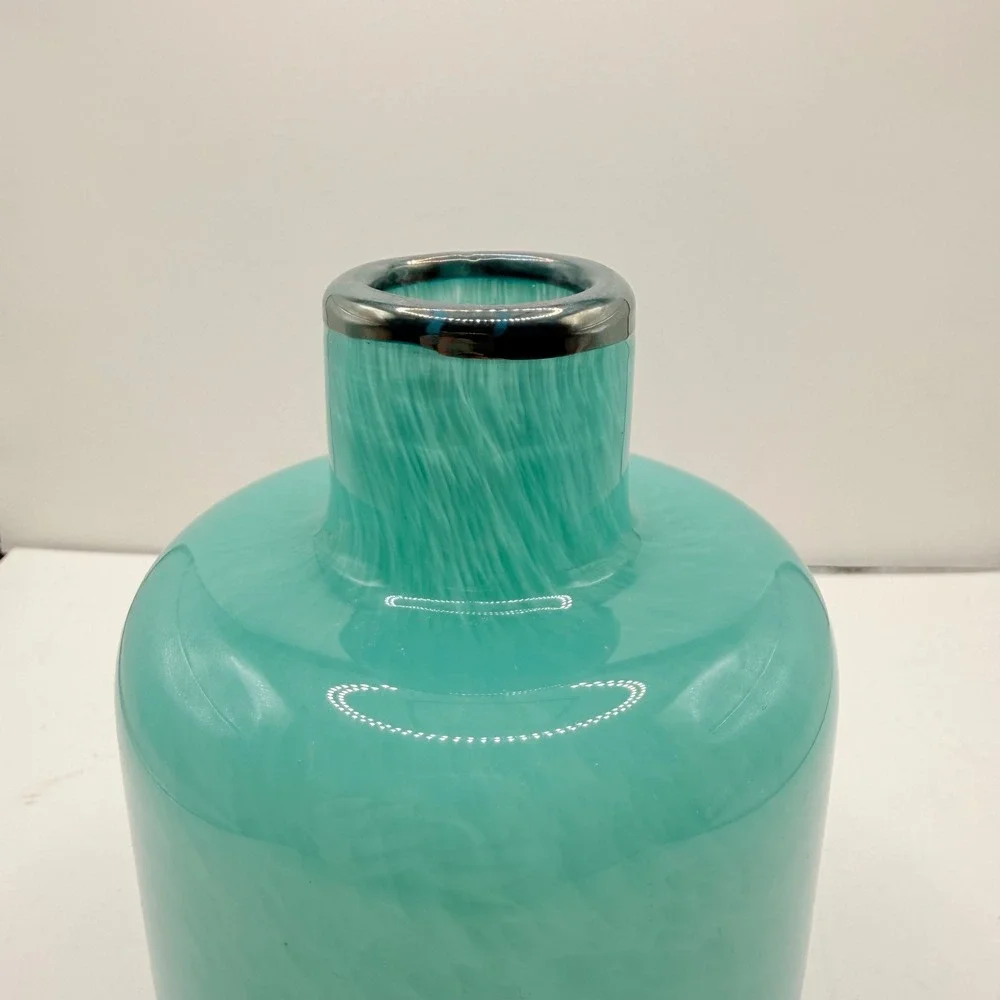 Hand-Blown Glass Vase‎ Home Decor Medium Turquoise Swirl Silver Rim Modern